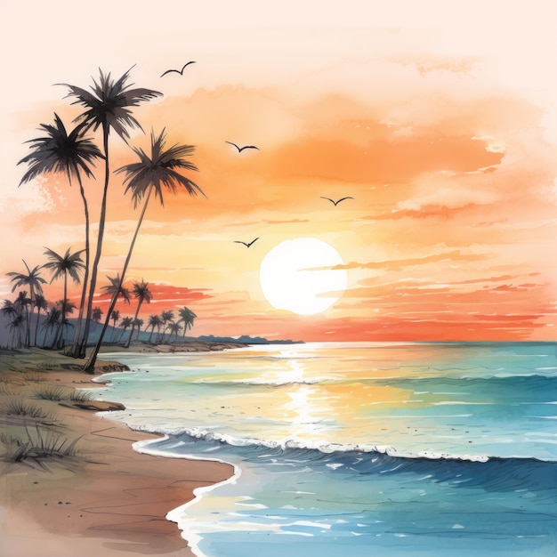 ヤシの木と鳥とカラフルな水彩画の海の夕日