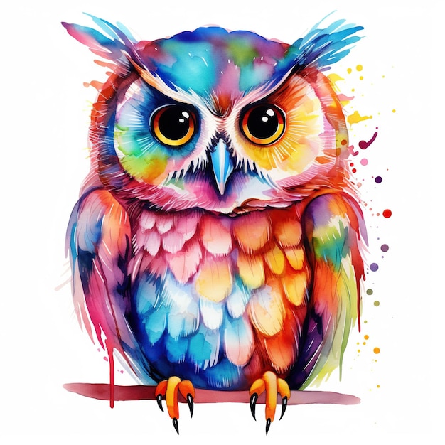 Colorful watercolor owl illustration Clip art on white background