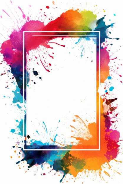 colorful watercolor paint splashes and a square frame on a white background