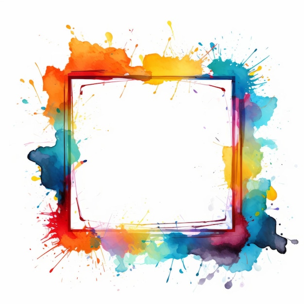 Photo colorful watercolor paint splashes in a square frame on a white background