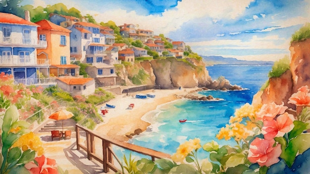 해안 풍경의 다채로운 수채화 그림