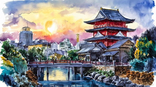 Colorful watercolor painting landmarks in japan