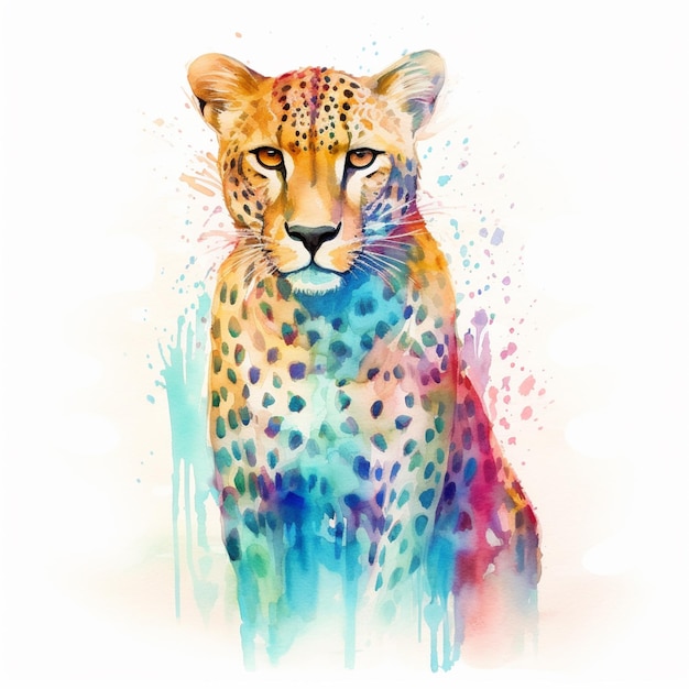 A colorful watercolor painting of a leopard with a blue and yellow face.