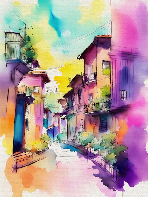 Colorful Watercolor Painting of Medellin Colombia City