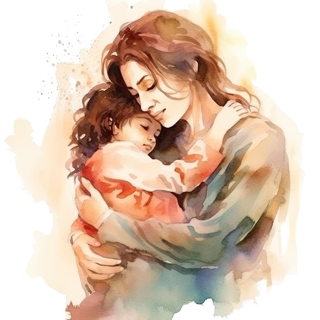 아이 와 함께 있는 어머니 의 다채로운 수채화 그림