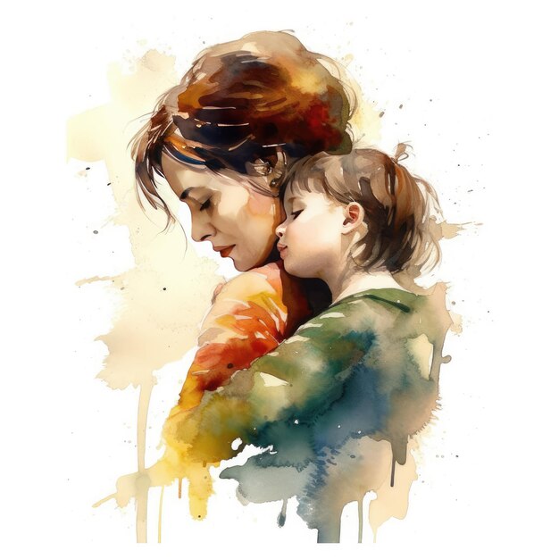 Colorful watercolor painting of a mother with her child