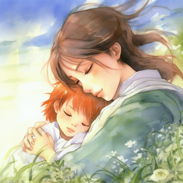 Colorful watercolor painting of a mother with her child