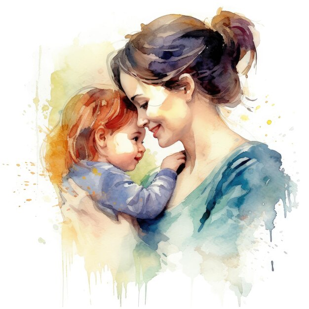 Colorful watercolor painting of a mother with her child