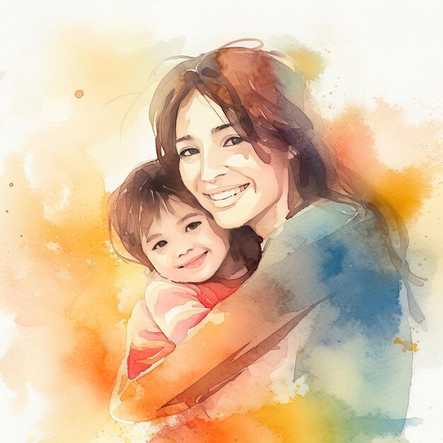 Colorful watercolor painting of a mother with her child