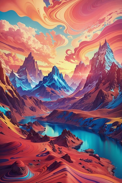 山の風景と雲を描いたカラフルな水彩画