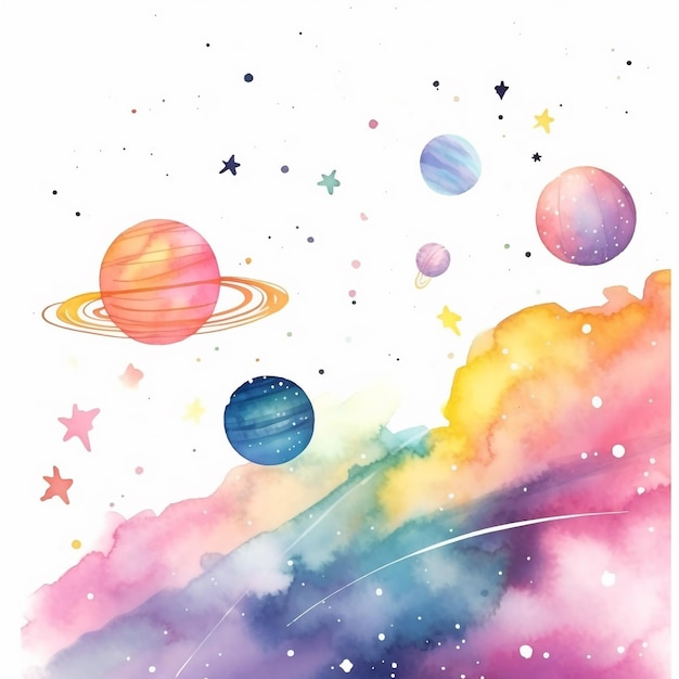 Photo a colorful watercolor painting of planets and stars with the word planet on it.