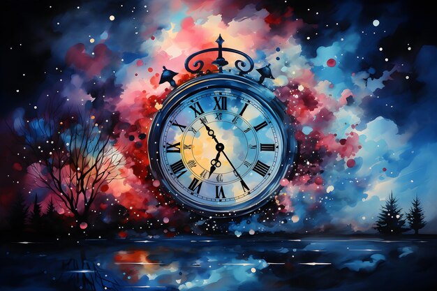 Photo colorful watercolor painting of a round clock with roman numerals indicating the hours the paint out