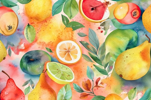 다양한 과일과 잎의 다채로운 수채화 그림 Generative AI