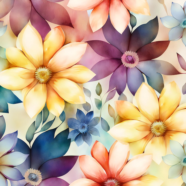 Colorful watercolor pattern with flowers and leaves