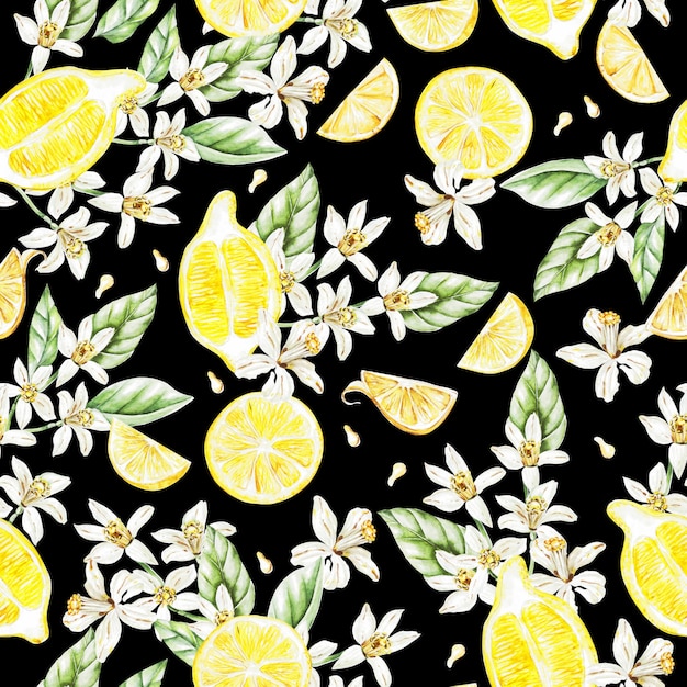 Photo colorful watercolor pattern with lemon fruits and flowers. illustrations.