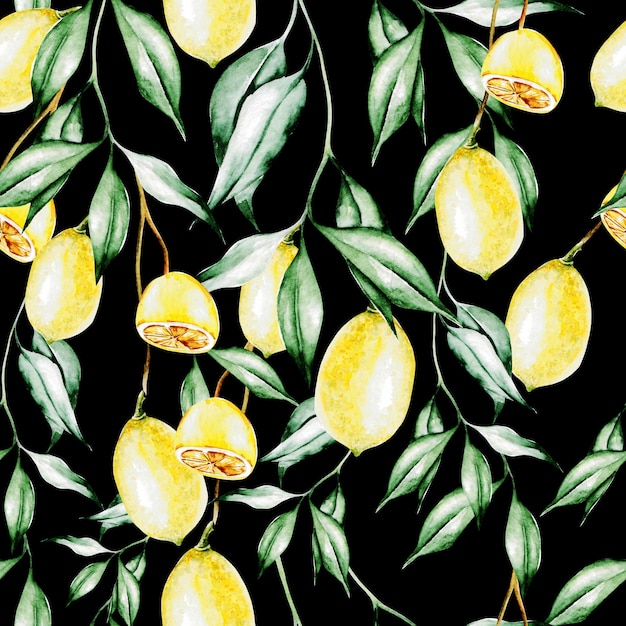 Colorful watercolor pattern with lemon fruits and flowers. Illustrations.