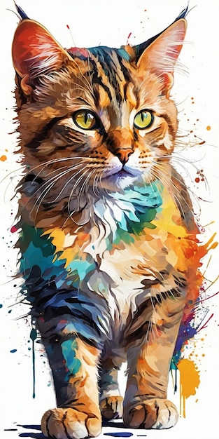 Colorful watercolor portrait of a cat on a white background