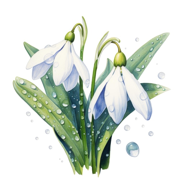 Photo colorful watercolor snowdrop flowers illustration on a white background