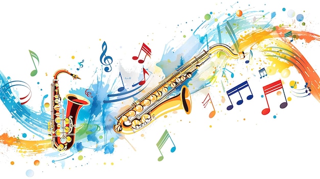 Colorful watercolor splashes with two saxophones and musical notes