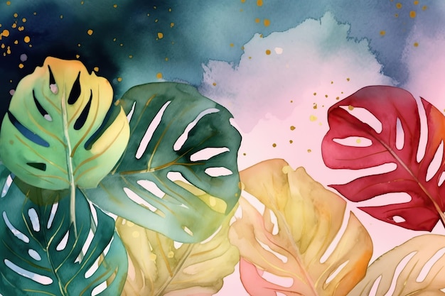 Colorful watercolor tropical leaves