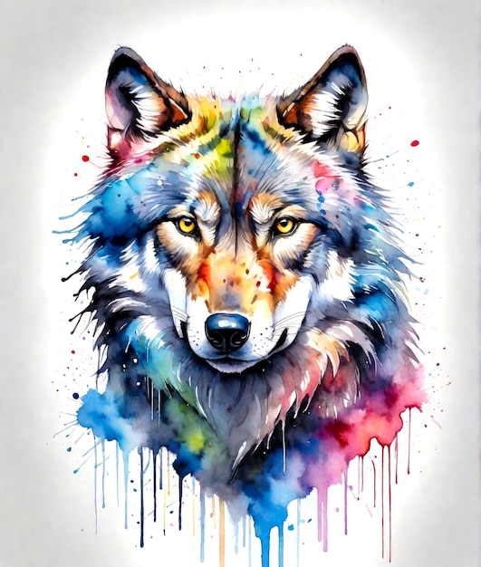 Colorful watercolor wolf head illustration on white background