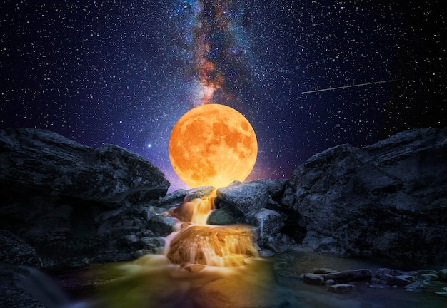 Colorful waterfall with big moon