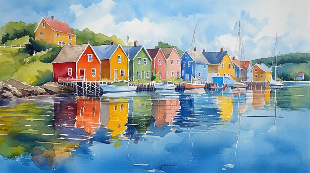 Colorful Waterfront Houses Watercolor Reflection Generative AI