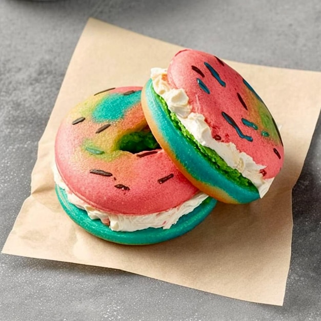 A colorful watermelon sandwich is on a paper bag.