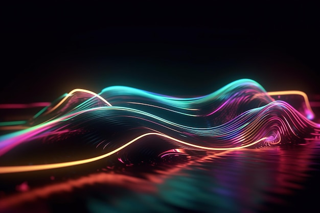 A colorful wave in a black background with a green light.