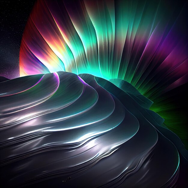 Colorful wavy metal shapes with northern lights abstract background