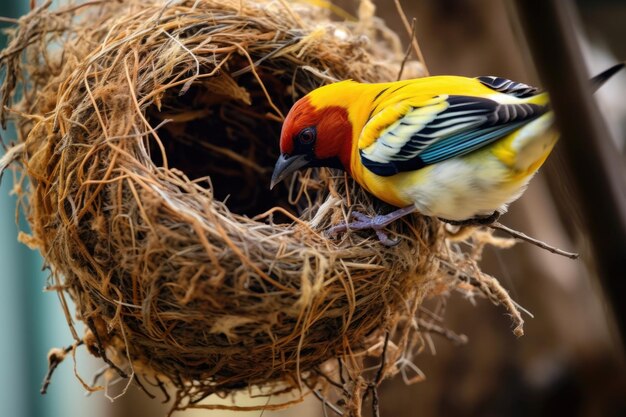 Photo colorful weaver bird adding material to nest