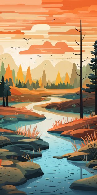Colorful Wetland Illustration Forest And Dunes In Whistlerian Style