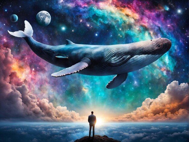 Colorful whale Outer space journey concept showing a man looking at the giant whale flying in the b