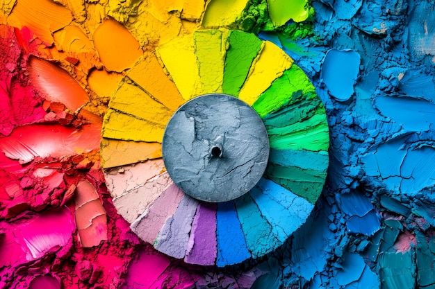 Photo colorful wheel with many different colors is shown in paint bottle
