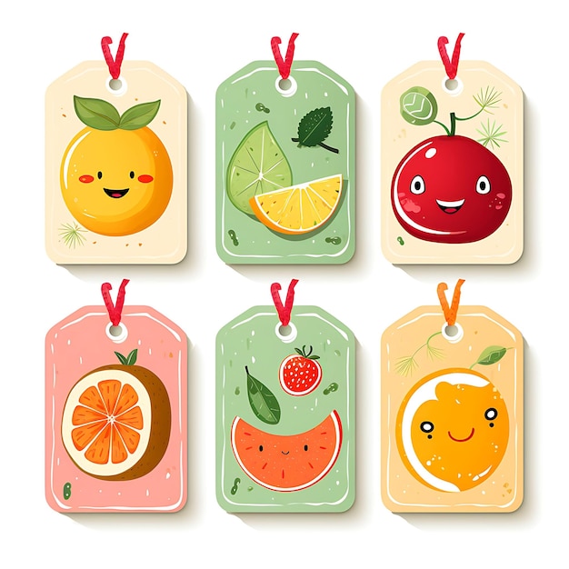 Foto colorful of whimsical fruit shop tag card die cut cardboard tag card whi schizzo in acquerello