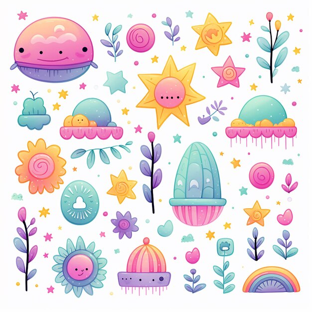 Colorful Whimsy Cute Element Decoration Clipart in Pastel Hues