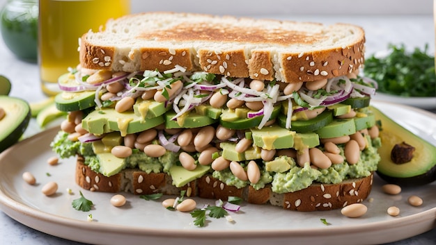 A colorful white bean and avocado sandwich layered with crunchy onions and a drizzle of olive oil