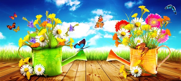 Colorful wild flower bouquet in a watering can with butterflies