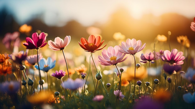 Colorful wild flowers in the springtime with sun shining through open flower meadow