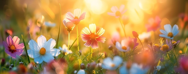 Colorful wildflowers illuminate a serene summer evening in a picturesque meadow Concept Summer Sunset Wildflower Meadow Colorful Blooms Serene Evening Picturesque Landscape