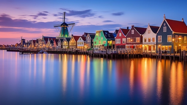 colorful windmills along the coast of holand in the style of dark orange and light emerald