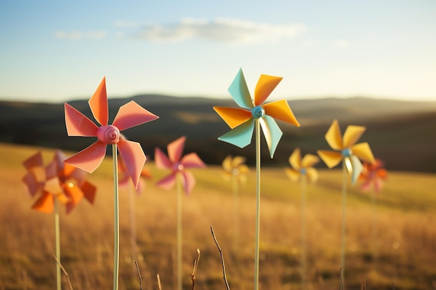 Foto mulini a vento colorati che girano nella brezza primaverile