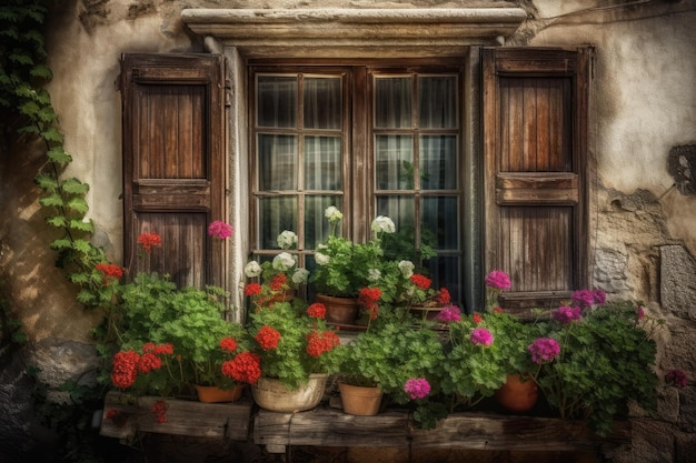 Colorful Window with Beautiful Flowers in front of it Generative AI