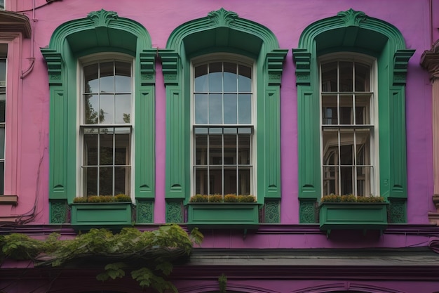 Colorful windows in a row of houses generative ai