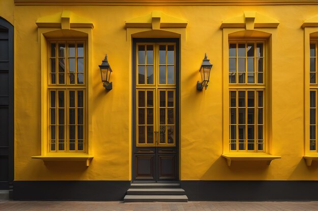 도시 에 있는 전형적 인 집 의 다채로운 창문 들