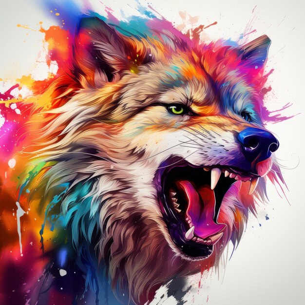 Colorful wolf head with paint splatters on a white background