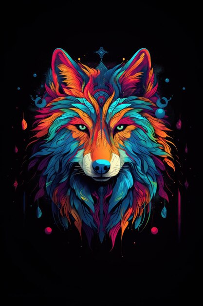 Photo colorful wolf mandala art on black background design print for tshirt mug pillow sticker case emblem tattoo embrodery and puzzle