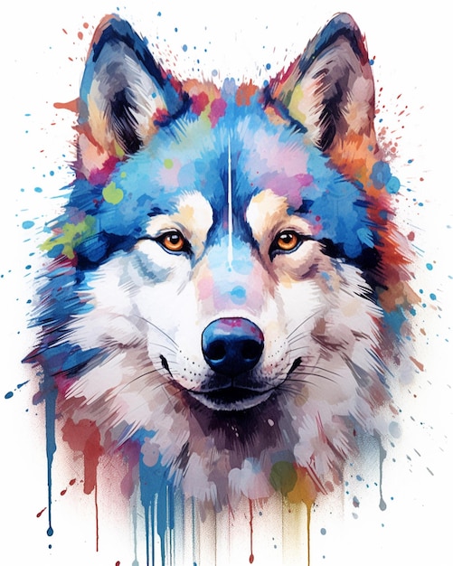 A colorful wolf painting with a wolf face.