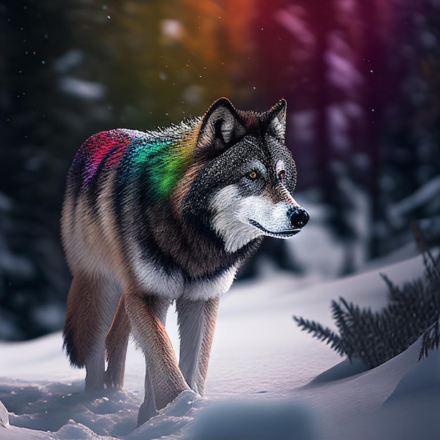 A colorful wolf trekking through a snowy forest