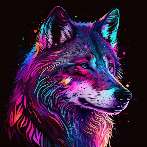 Colorful wolf with a black background